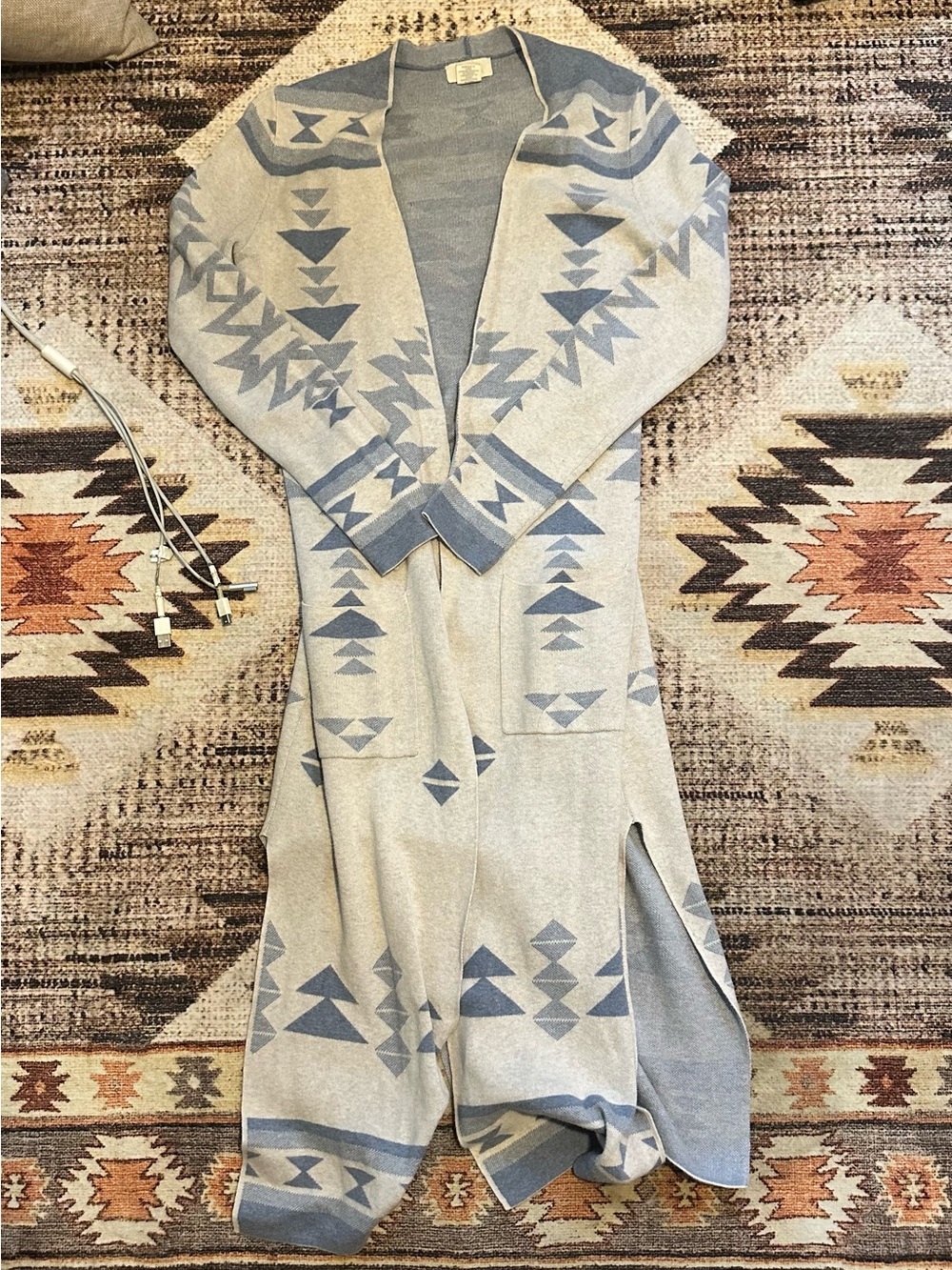 Kaisley Long Open Front Tribal Cardigan - Light Gray & Slate Blue